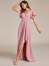 Load image into Gallery viewer, Color=Dusty Rose | Tea Length Split Shiny Wholesale Evening Dresses With Ruffle Sleeves-Dusty Rose 3