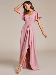 Color=Dusty Rose | Tea Length Split Shiny Wholesale Evening Dresses With Ruffle Sleeves-Dusty Rose 3