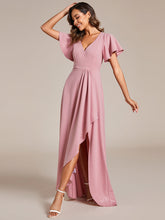 Load image into Gallery viewer, Color=Dusty Rose | Tea Length Split Shiny Wholesale Evening Dresses With Ruffle Sleeves-Dusty Rose 1
