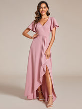 Load image into Gallery viewer, Color=Dusty Rose | Tea Length Split Shiny Wholesale Evening Dresses With Ruffle Sleeves-Dusty Rose 4