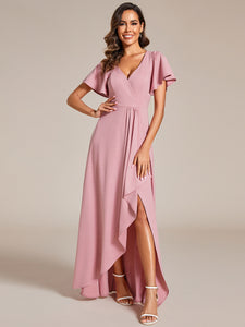 Color=Dusty Rose | Tea Length Split Shiny Wholesale Evening Dresses With Ruffle Sleeves-Dusty Rose 4