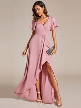 Load image into Gallery viewer, Color=Dusty Rose | Tea Length Split Shiny Wholesale Evening Dresses With Ruffle Sleeves-Dusty Rose 1