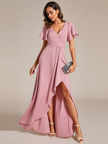 Color=Dusty Rose | Tea Length Split Shiny Wholesale Evening Dresses With Ruffle Sleeves-Dusty Rose 1