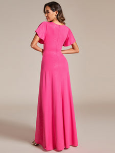 Color=Hot Pink | Tea Length Split Shiny Wholesale Evening Dresses With Ruffle Sleeves-Hot Pink 14