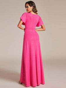 Color=Hot Pink | Tea Length Split Shiny Wholesale Evening Dresses With Ruffle Sleeves-Hot Pink 4