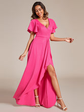 Load image into Gallery viewer, Color=Hot Pink | Tea Length Split Shiny Wholesale Evening Dresses With Ruffle Sleeves-Hot Pink 15