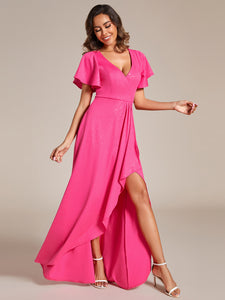 Color=Hot Pink | Tea Length Split Shiny Wholesale Evening Dresses With Ruffle Sleeves-Hot Pink 15