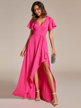 Load image into Gallery viewer, Color=Hot Pink | Tea Length Split Shiny Wholesale Evening Dresses With Ruffle Sleeves-Hot Pink 16