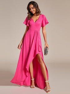 Color=Hot Pink | Tea Length Split Shiny Wholesale Evening Dresses With Ruffle Sleeves-Hot Pink 16