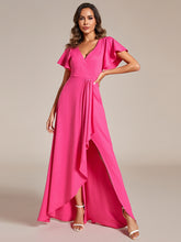 Load image into Gallery viewer, Color=Hot Pink | Tea Length Split Shiny Wholesale Evening Dresses With Ruffle Sleeves-Hot Pink 13