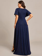 Load image into Gallery viewer, Color=Navy Blue | Plus Tea Length Split Shiny Wholesale Evening Dresses With Ruffle Sleeves-Navy Blue 2