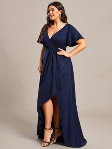 Color=Navy Blue | Plus Tea Length Split Shiny Wholesale Evening Dresses With Ruffle Sleeves-Navy Blue 3
