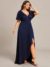 Load image into Gallery viewer, Color=Navy Blue | Plus Tea Length Split Shiny Wholesale Evening Dresses With Ruffle Sleeves-Navy Blue 4