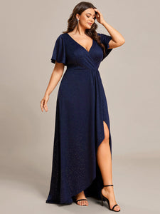 Color=Navy Blue | Plus Tea Length Split Shiny Wholesale Evening Dresses With Ruffle Sleeves-Navy Blue 4