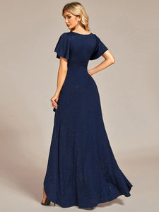 Color=Navy Blue | Tea Length Split Shiny Wholesale Evening Dresses With Ruffle Sleeves-Navy Blue 3