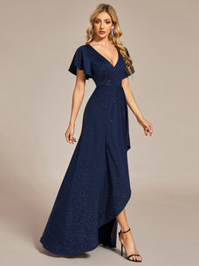 Color=Navy Blue | Tea Length Split Shiny Wholesale Evening Dresses With Ruffle Sleeves-Navy Blue 4