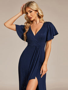 Color=Navy Blue | Tea Length Split Shiny Wholesale Evening Dresses With Ruffle Sleeves-Navy Blue 5