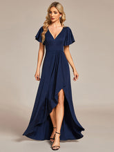 Load image into Gallery viewer, Color=Navy Blue | Tea Length Split Shiny Wholesale Evening Dresses With Ruffle Sleeves-Navy Blue 1