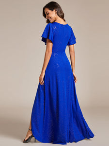Color=Sapphire Blue | Tea Length Split Shiny Wholesale Evening Dresses With Ruffle Sleeves-Sapphire Blue 2
