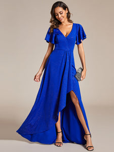 Color=Sapphire Blue | Tea Length Split Shiny Wholesale Evening Dresses With Ruffle Sleeves-Sapphire Blue 1