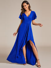 Load image into Gallery viewer, Color=Sapphire Blue | Tea Length Split Shiny Wholesale Evening Dresses With Ruffle Sleeves-Sapphire Blue 