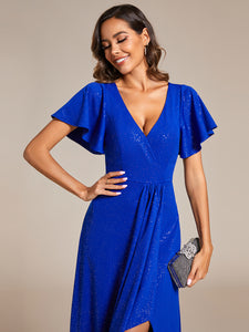 Color=Sapphire Blue | Tea Length Split Shiny Wholesale Evening Dresses With Ruffle Sleeves-Sapphire Blue 