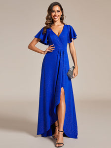 Color=Sapphire Blue | Tea Length Split Shiny Wholesale Evening Dresses With Ruffle Sleeves-Sapphire Blue 3