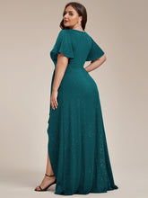 Load image into Gallery viewer, Color=Teal |Plus Tea Length Split Shiny Wholesale Evening Dresses With Ruffle Sleeves-Teal 3
