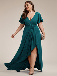 Color=Teal |Plus Tea Length Split Shiny Wholesale Evening Dresses With Ruffle Sleeves-Teal 2