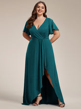 Load image into Gallery viewer, Color=Teal |Plus Tea Length Split Shiny Wholesale Evening Dresses With Ruffle Sleeves-Teal 1