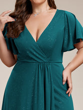 Load image into Gallery viewer, Color=Teal |Plus Tea Length Split Shiny Wholesale Evening Dresses With Ruffle Sleeves-Teal 5