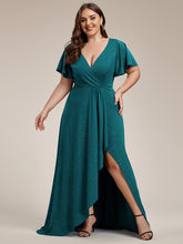 Load image into Gallery viewer, Color=Teal |Plus Tea Length Split Shiny Wholesale Evening Dresses With Ruffle Sleeves-Teal 4