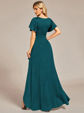 Load image into Gallery viewer, Color=Teal | Tea Length Split Shiny Wholesale Evening Dresses With Ruffle Sleeves-Teal 2