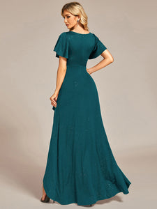 Color=Teal | Tea Length Split Shiny Wholesale Evening Dresses With Ruffle Sleeves-Teal 2