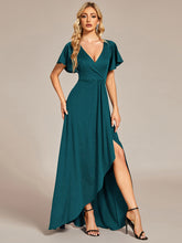 Load image into Gallery viewer, Color=Teal | Tea Length Split Shiny Wholesale Evening Dresses With Ruffle Sleeves-Teal 3