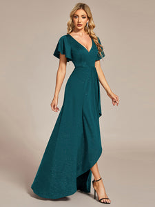 Color=Teal | Tea Length Split Shiny Wholesale Evening Dresses With Ruffle Sleeves-Teal 4