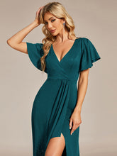 Load image into Gallery viewer, Color=Teal | Tea Length Split Shiny Wholesale Evening Dresses With Ruffle Sleeves-Teal 5
