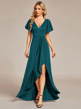 Load image into Gallery viewer, Color=Teal | Tea Length Split Shiny Wholesale Evening Dresses With Ruffle Sleeves-Teal 1