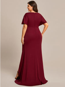 Color=Burgundy | Deep V Neck High Split Pleated Wholesale Evening Dresses-Burgundy 2