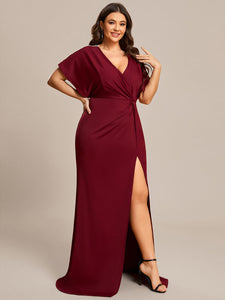Color=Burgundy | Deep V Neck High Split Pleated Wholesale Evening Dresses-Burgundy 4