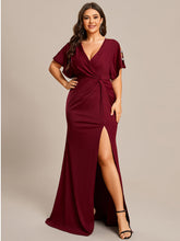 Load image into Gallery viewer, Color=Burgundy | Deep V Neck High Split Pleated Wholesale Evening Dresses-Burgundy 1