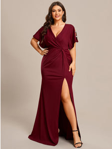 Color=Burgundy | Deep V Neck High Split Pleated Wholesale Evening Dresses-Burgundy 1