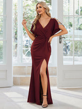 Load image into Gallery viewer, Color=Burgundy | Deep V Neck High Split Pleated Wholesale Evening Dresses-Burgundy 4