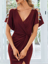 Load image into Gallery viewer, Color=Burgundy | Deep V Neck High Split Pleated Wholesale Evening Dresses-Burgundy 5