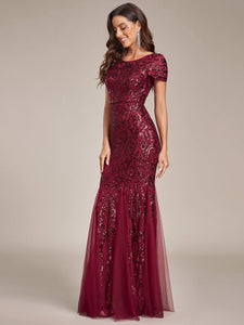 Color=Burgundy | Round Neck Mermaid Sequin & Mesh Wholesale Evening Dresses-Burgundy 3