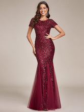 Load image into Gallery viewer, Color=Burgundy | Round Neck Mermaid Sequin &amp; Mesh Wholesale Evening Dresses-Burgundy 1