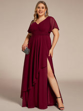 Load image into Gallery viewer, Color=Burgundy | Side Split V Neck Ruched Wholesale Chiffon Bridesmaid Dresses-Burgundy 4