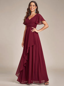 Color=Burgundy | Side Split V Neck Ruched Wholesale Chiffon Bridesmaid Dresses-Burgundy 3