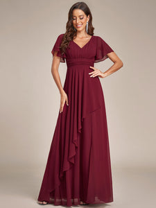 Color=Burgundy | Side Split V Neck Ruched Wholesale Chiffon Bridesmaid Dresses-Burgundy 4