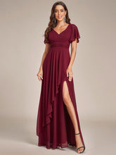 Load image into Gallery viewer, Color=Burgundy | Side Split V Neck Ruched Wholesale Chiffon Bridesmaid Dresses-Burgundy 1
